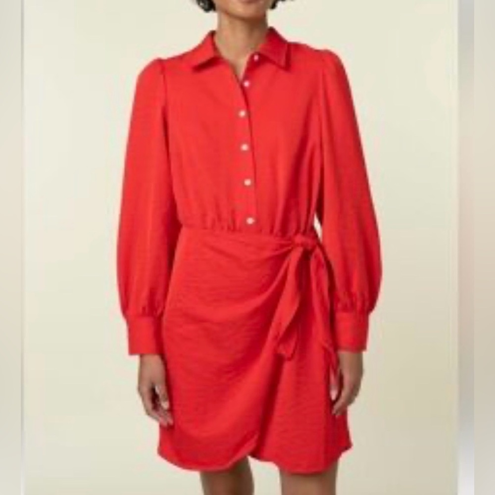 FRNCH Paris Odelie Red Rose Faux Wrap Tie Front Satin Long Sleeve Shirt Dress M